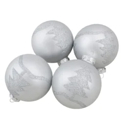 Set Of 4 Silver Glass Ball Christmas Ornaments 3.25" (80mm)