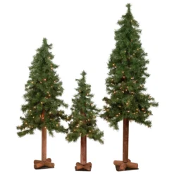 Set Of 3 Pre-Lit Woodland Alpine Artificial Christmas Trees 5' - Clear Lights