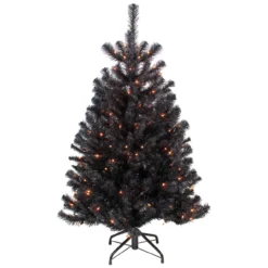 4ft Pre-Lit Black Noble Spruce Artificial Halloween Tree, Orange Lights