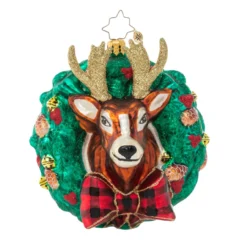 Christopher Radko Rustic Reindeer Wreath Glass Christmas Ornament 1021164
