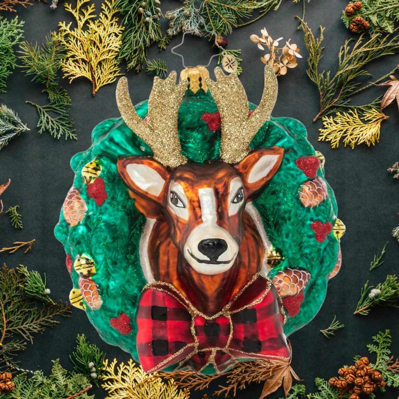 Christopher Radko Rustic Reindeer Wreath Glass Christmas Ornament 1021164 2 Christopher Radko Rustic Reindeer Wreath Glass Christmas Ornament 1021164 - Image 2