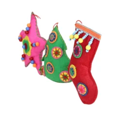 Set Of 3 Vibrantly Colored Bohemian Plush Star, Tree, And Stocking Christmas Ornaments 5" -Christmas Trees Shop raz 3814135 3 07230.1667659728