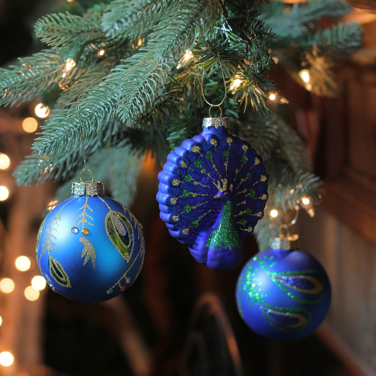 3ct Royal Blue And Green Peacock Glass Christmas Ornaments 3.75" (95mm) 2 3ct Royal Blue And Green Peacock Glass Christmas Ornaments 3.75" (95mm) - Image 2