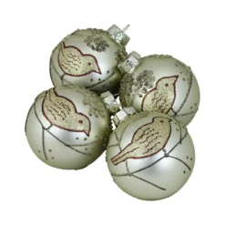 4ct Champagne Gold And Brown Bird 2-Finish Glass Christmas Ball Ornaments 4" (100mm)