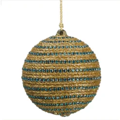 3" Regal Peacock Glittered Gold And Turquoise Blue Peacock Striped Christmas Ball Ornament